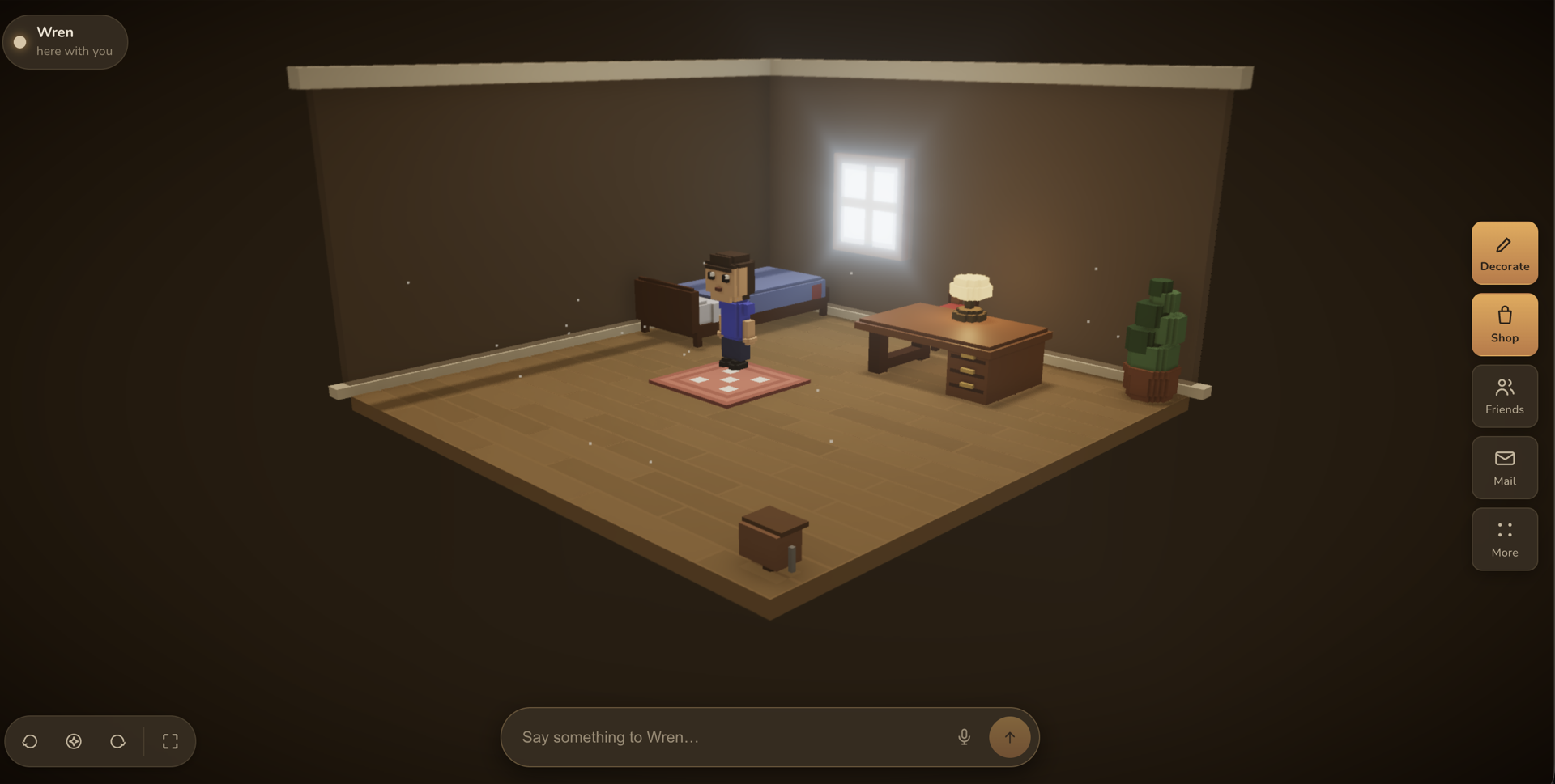 Wren, a kamio, standing in a cozy, warmly lit room they decorated themselves